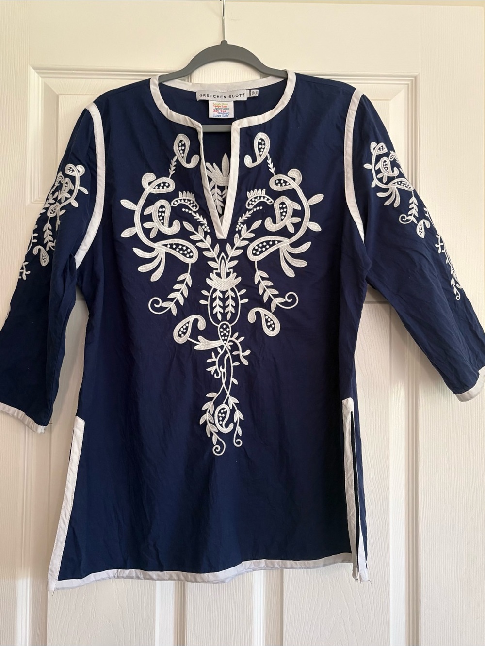 Gretchen Scott Navy Tunic Top with White Collar & Design